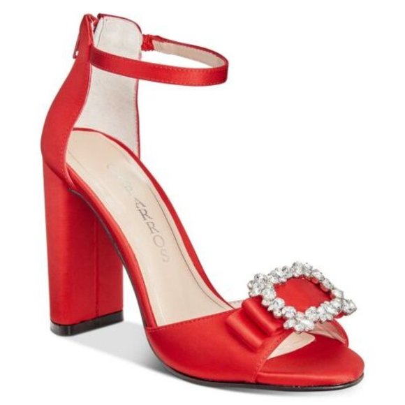 NEW CAPARROS Red Satin Shiny Sparkling Rhinestone Sandal Shoes - Picture 1 of 5
